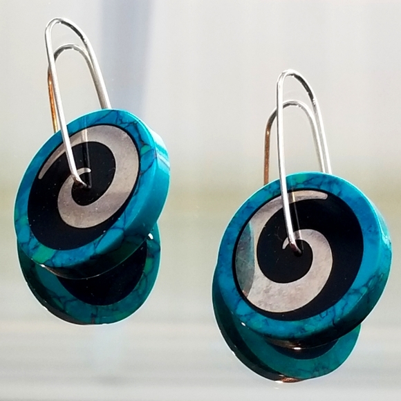 Victoria Varga Spinning Pinwheel Silver, Turquoisr & Black Hanging Earrings - Picture 5 of 9